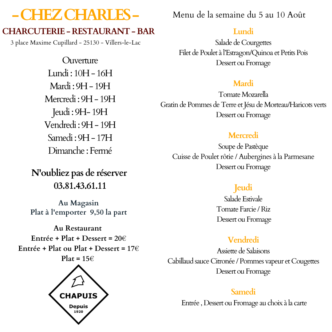 Menu du 05/08 au 10/08