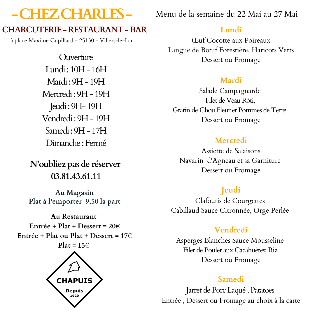 Menu de la Semaine 22 Mai au 27 Mai