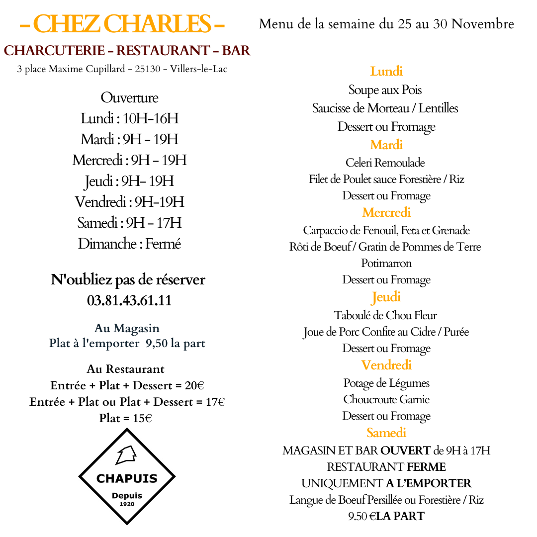 Menu du 25 au 30 Novembre