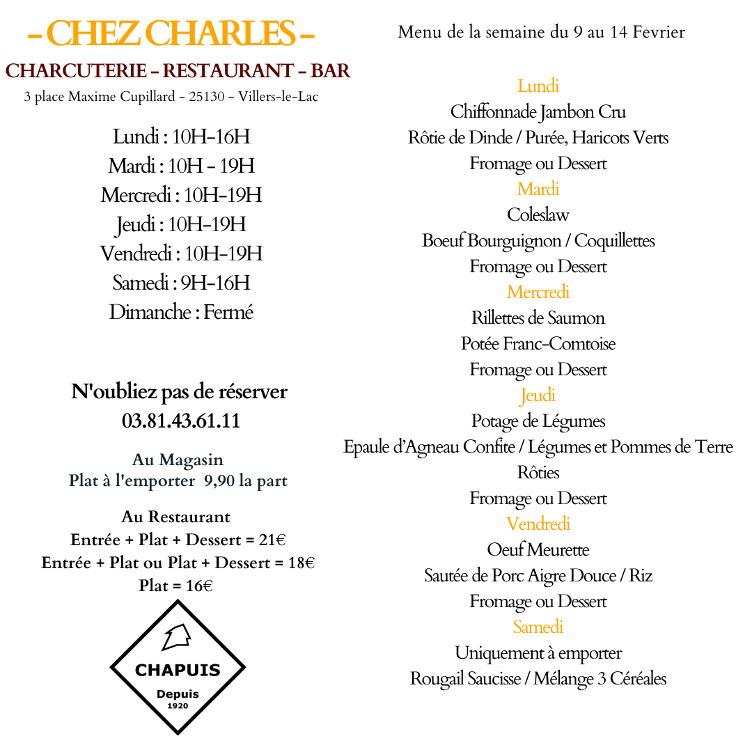Menu du 9 au 14 Février