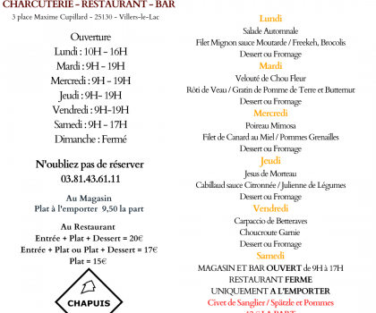 Menu de la semaine 4 au 9 Novembre 2024