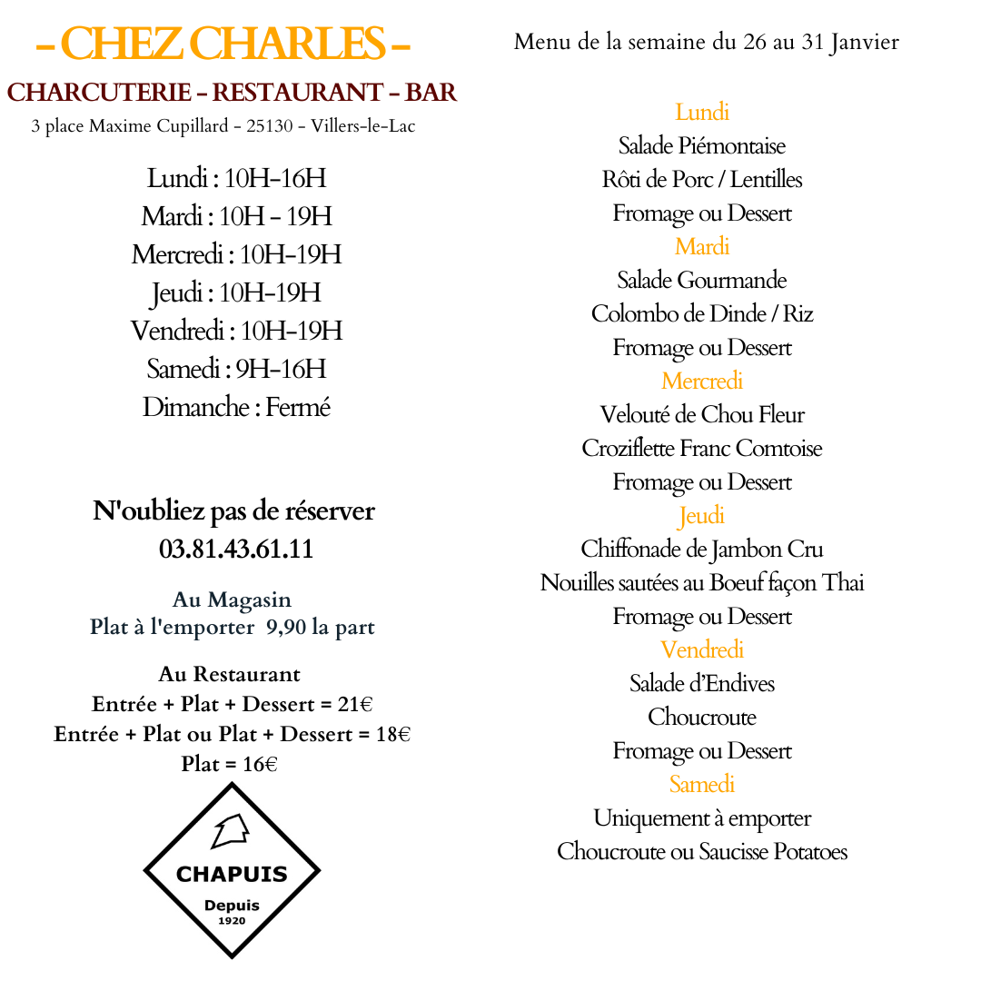 Menu de la semaine du 26 au 31 Janvier