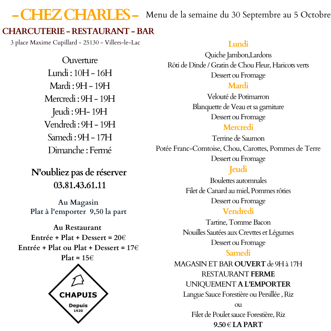 menu de la semaine du 30/09 au 05/10