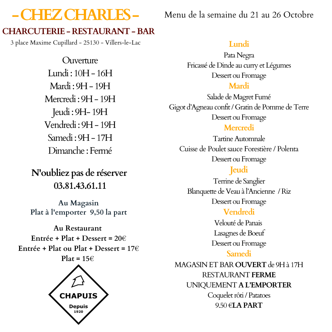 Menu de la semaine du 21/10 au 26/10