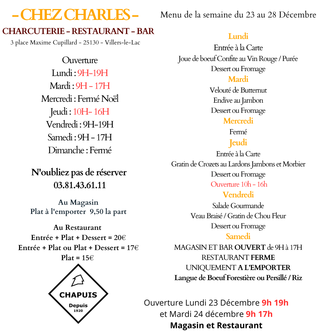 MENU DU 23 AU 28 DECEMBRE