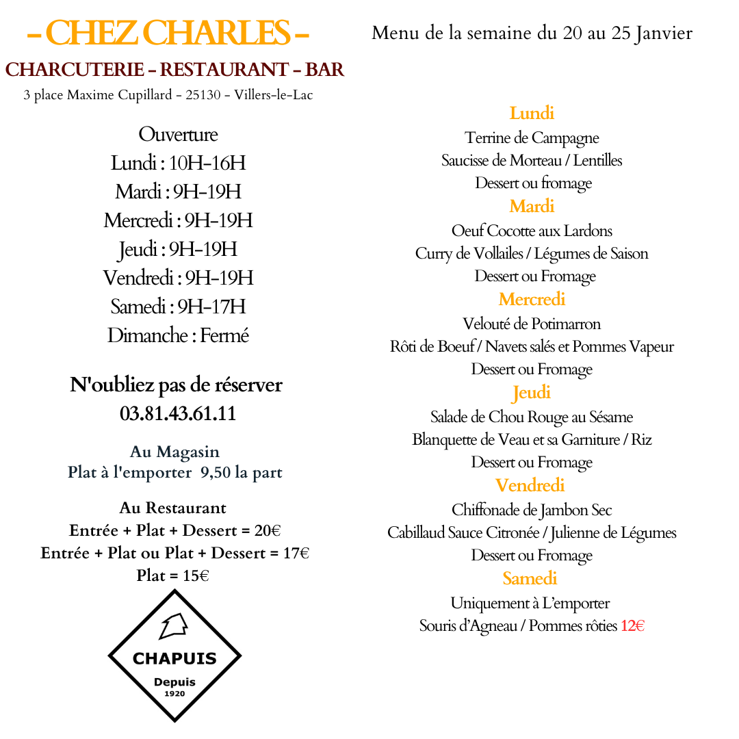 Menu de la semaine du 20 au 25 Janvier 2025
