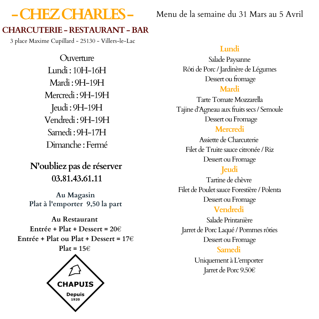Menu du 31 Mars au 5 Avril