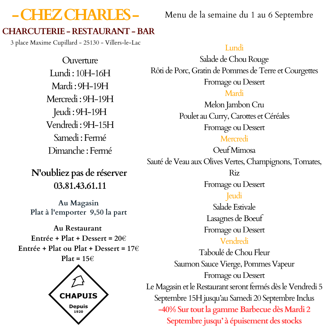 Menu du 1 Septembre au 5 Septembre