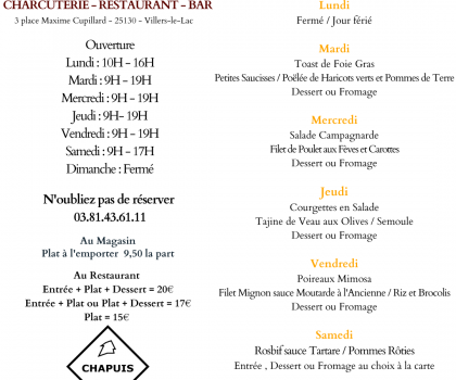 Menu du 2 au 6 Mai