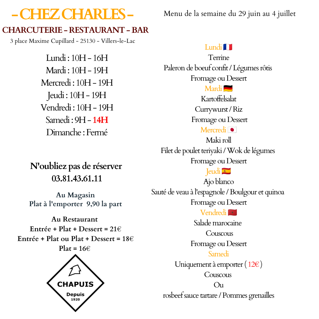 Menu du 29 Juin au 4 Juillet