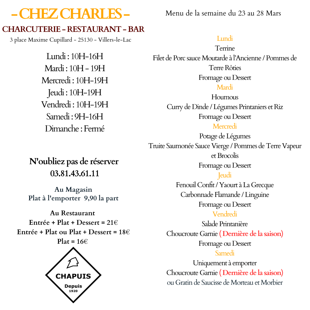 Menu du 23 au 28 Mars