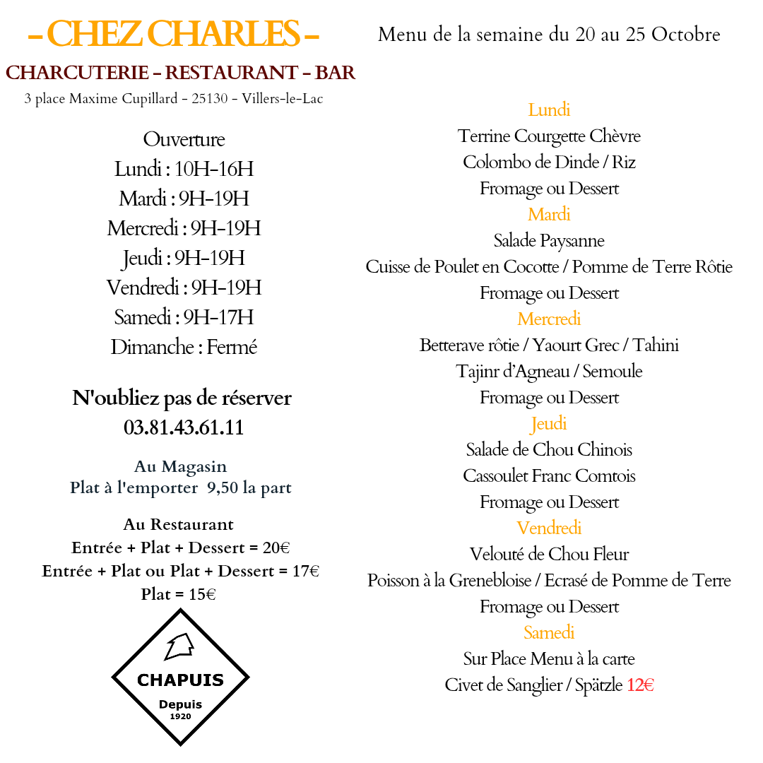 Menu du  20 AU 25 Octobre