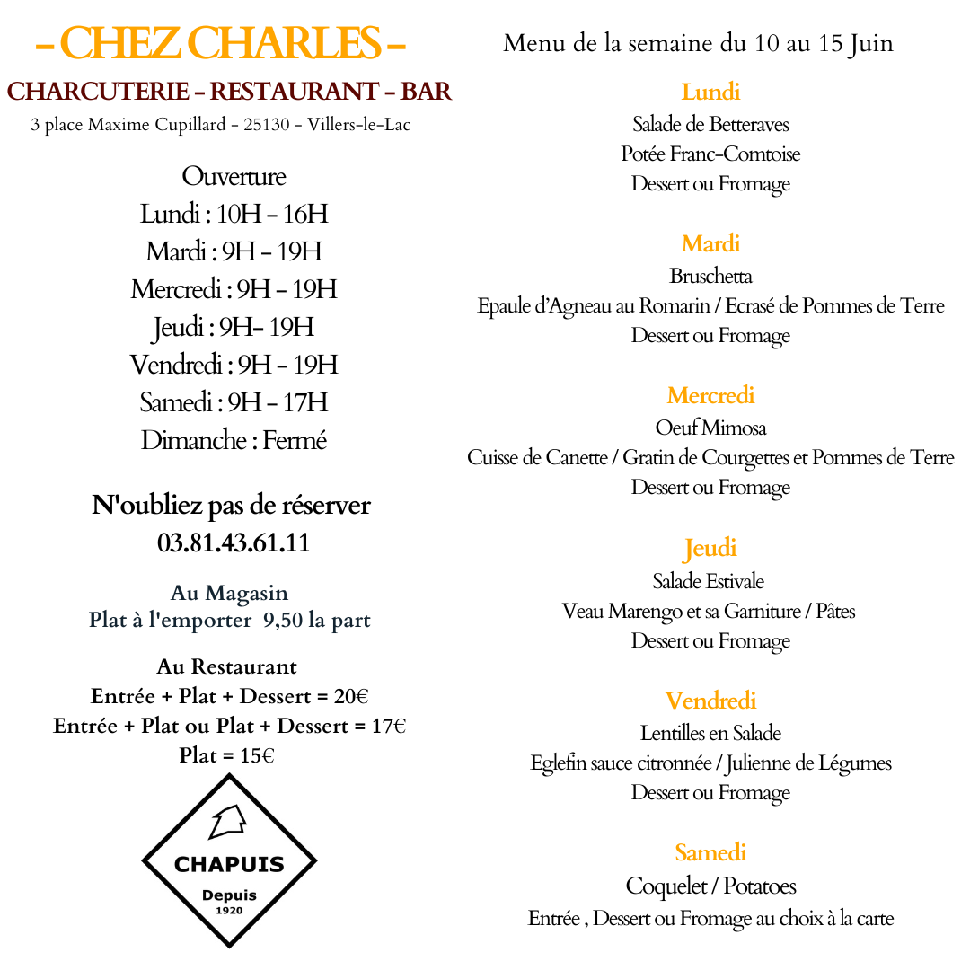 Menu de la semaine 10 au 15 juin