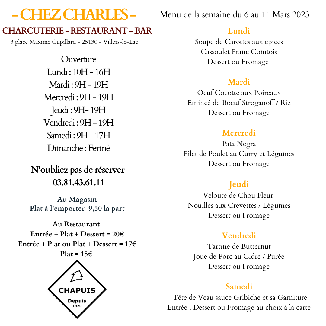 menu de la semaine du 6 au 11 Mars