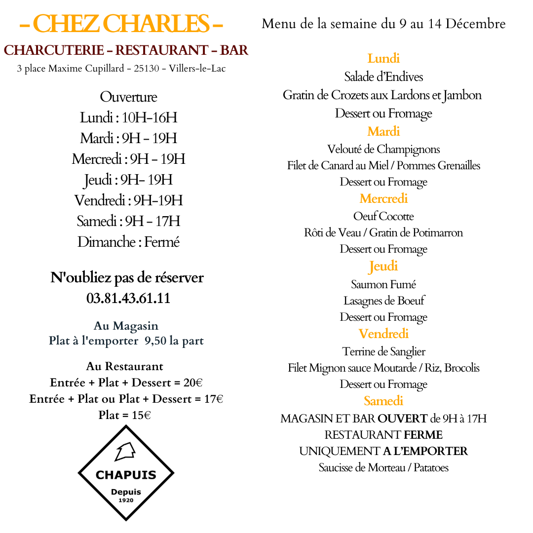 Menu du 9 au 14 décembre