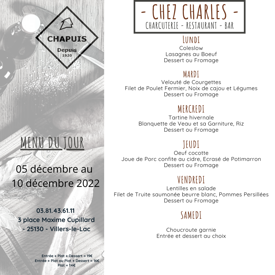 Menu de la semaine du 5 décembre au 10 décembre