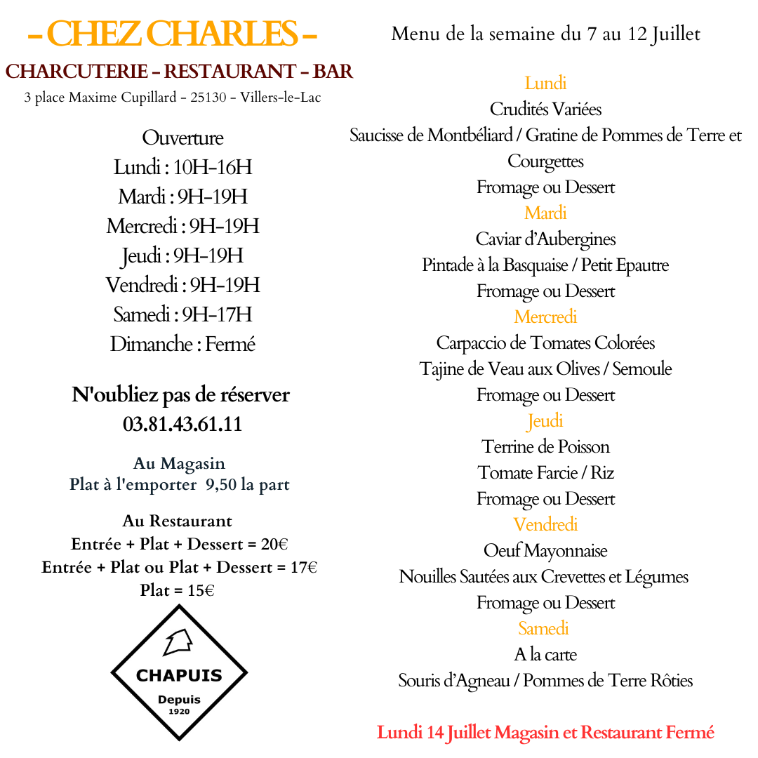 Menu du 7 au 12 Juillet