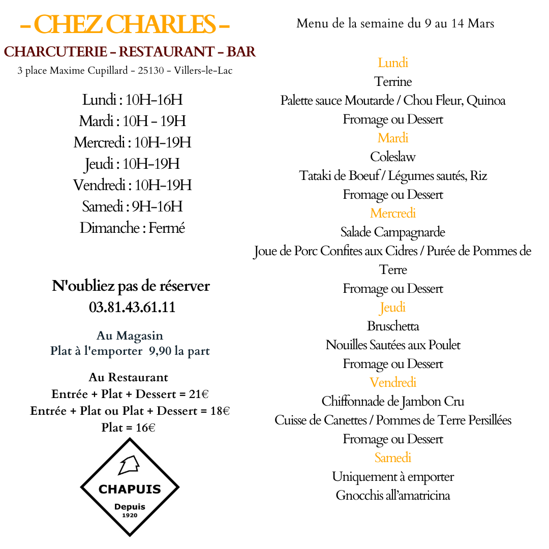 Menu du 9 au 14 Mars