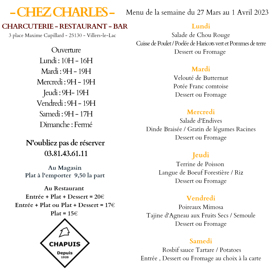 Menu de la semaine du 27 Mars au 1 Avril