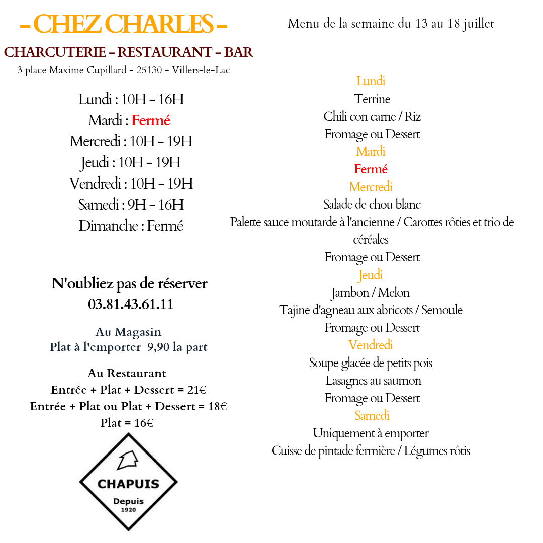 MENU DU 13 AU 18 JUILLET
