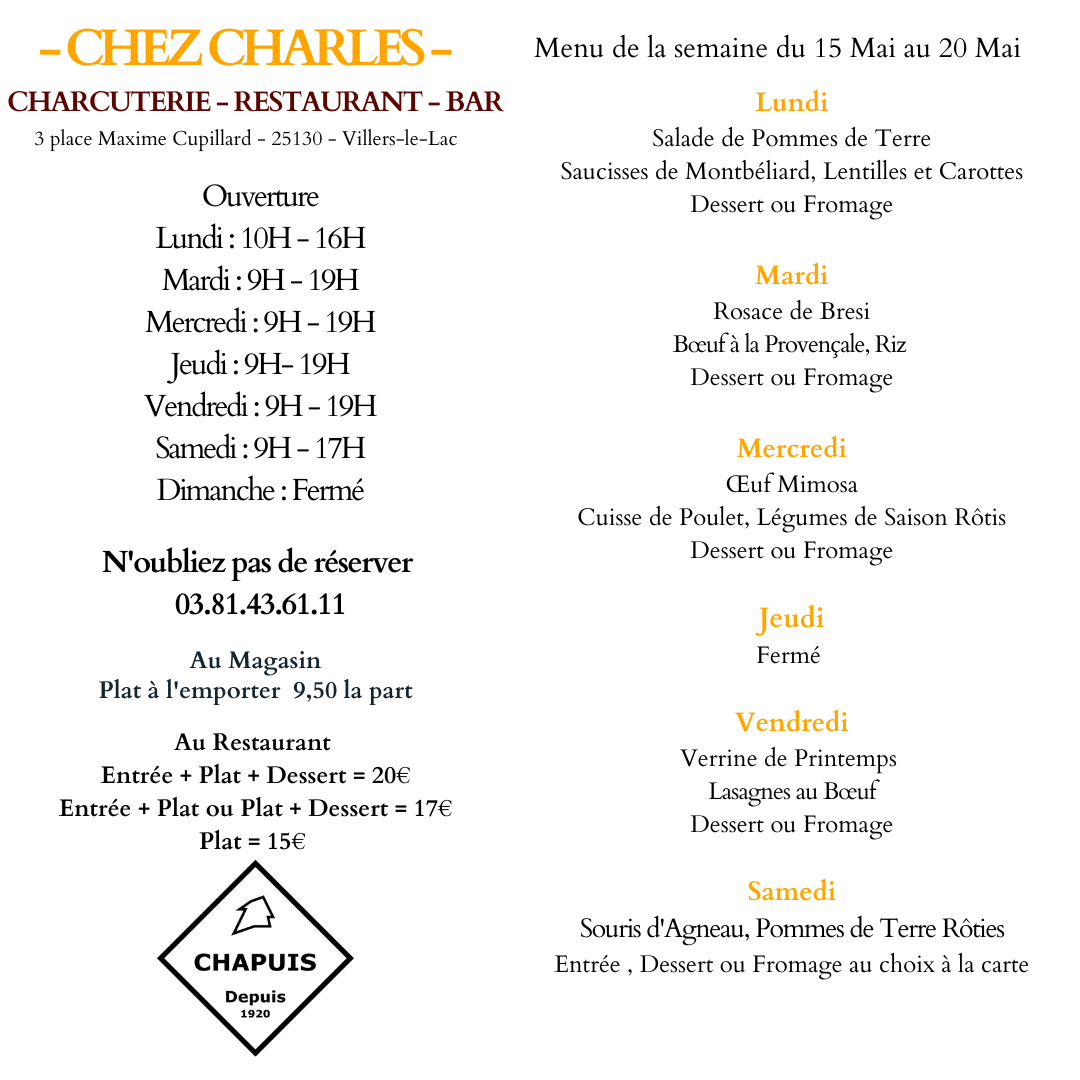 Menu du 15 au 20 Mai 2023