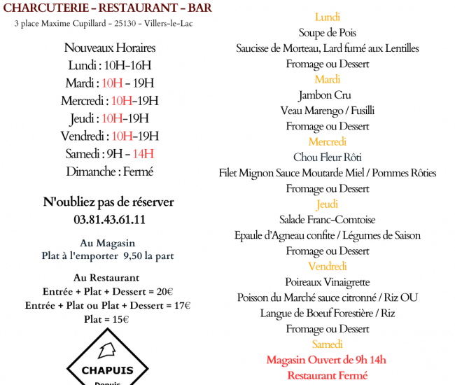 Menu du 1 au 6 Décembre
