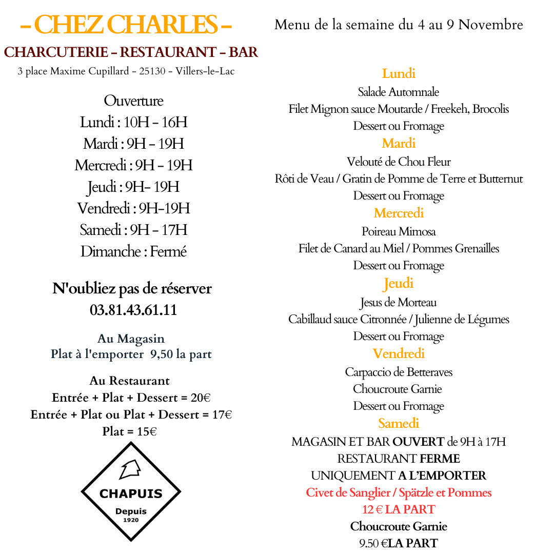 Menu de la semaine 4 au 9 Novembre 2024