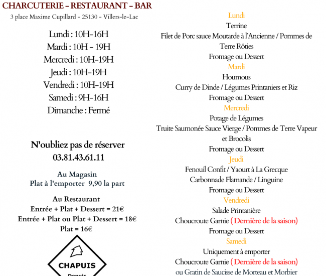 Menu du 23 au 28 Mars