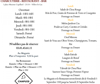 Menu du 1 Septembre au 5 Septembre