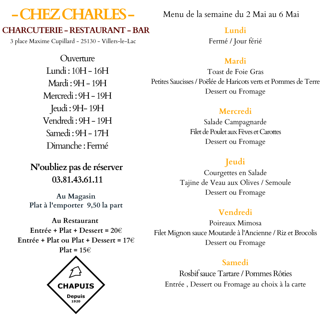 Menu du 2 au 6 Mai