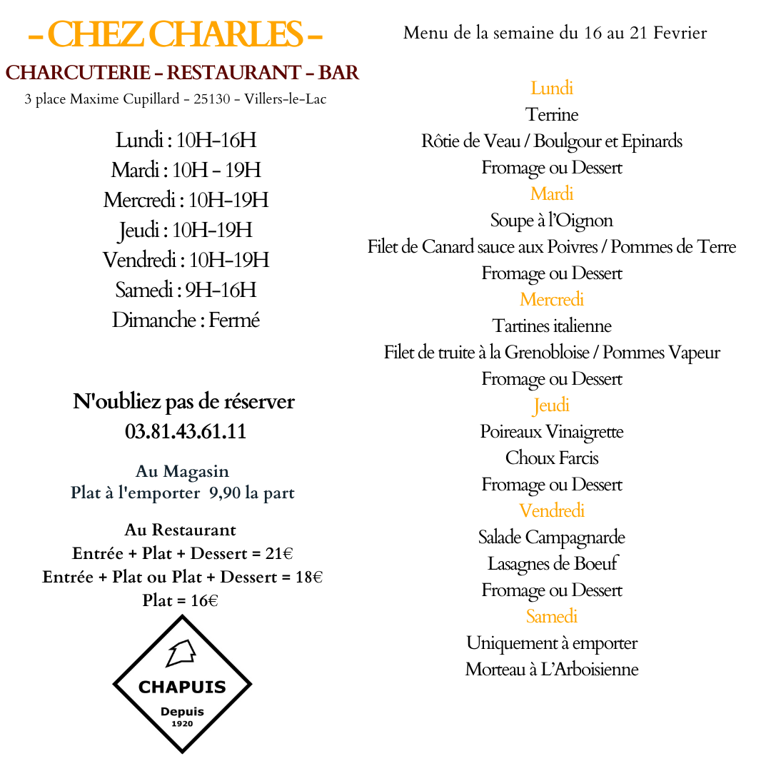 Menu du 16 au 21 Février