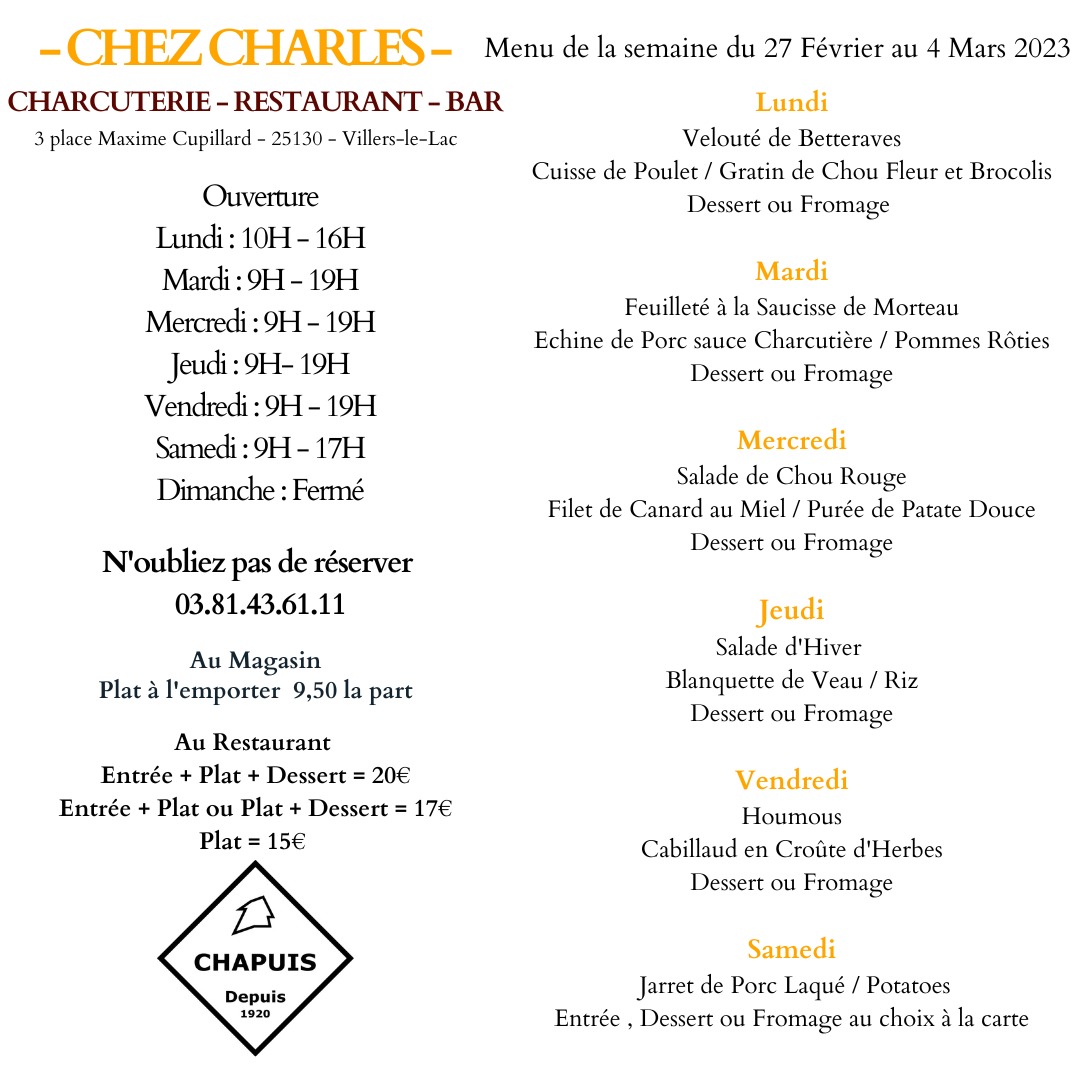 Menu de la semaine du 27 Février au 4 Mars