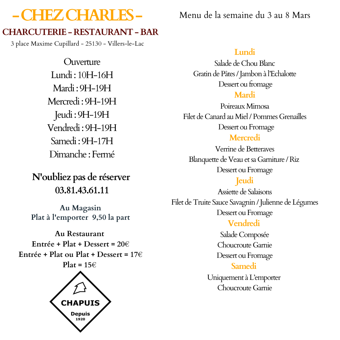 Menu du 3 au 8 Mars