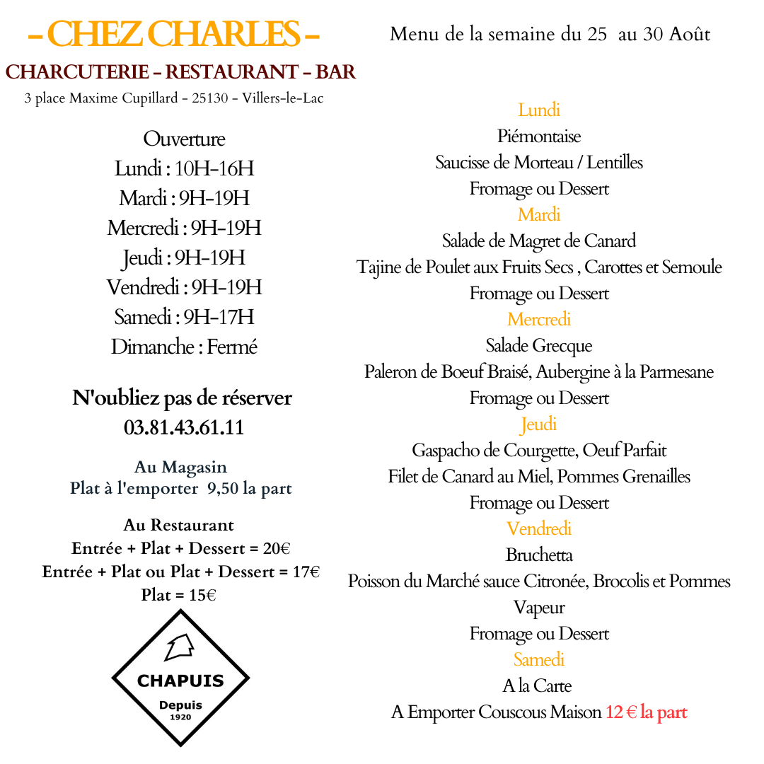 Menu du 25 au 30 Août