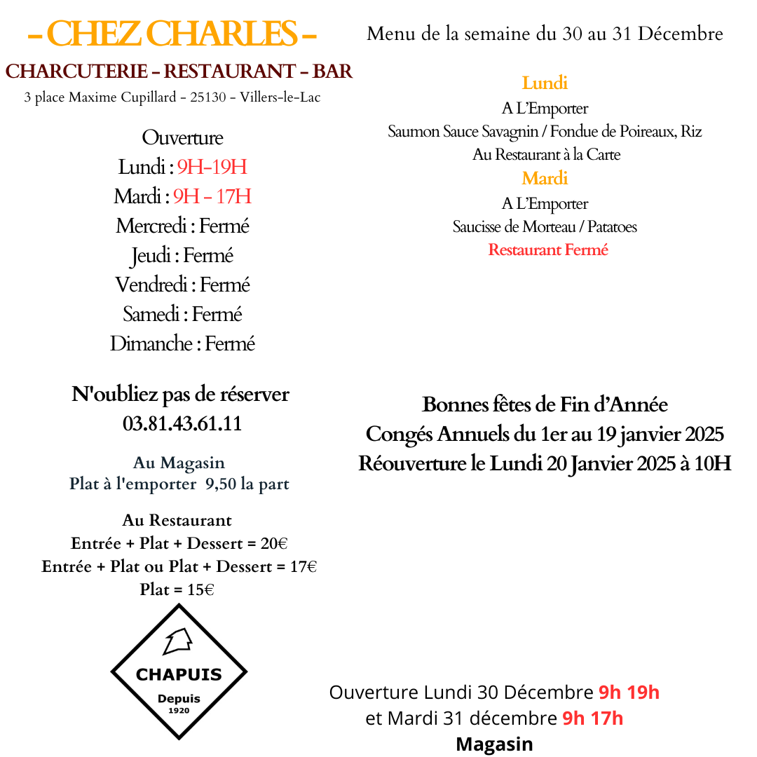 Menu du 30 au 31 Décembre 2024