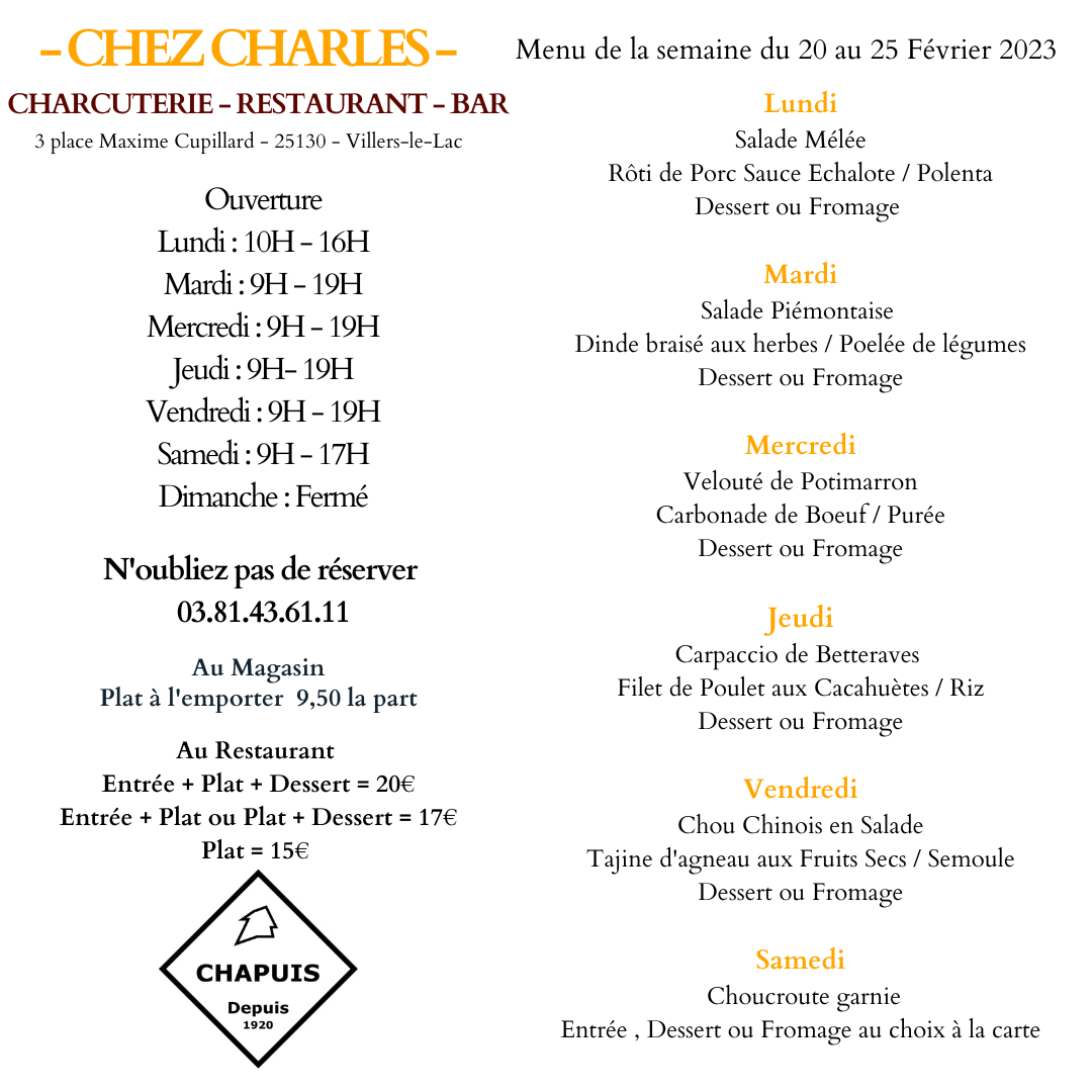 Menu du 20 au 25 Février