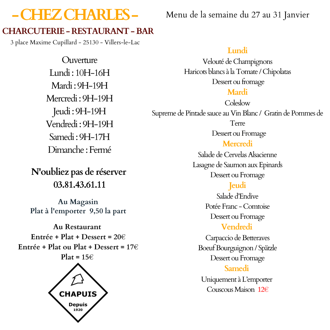 Menu du 27 au 31 Janvier 2025