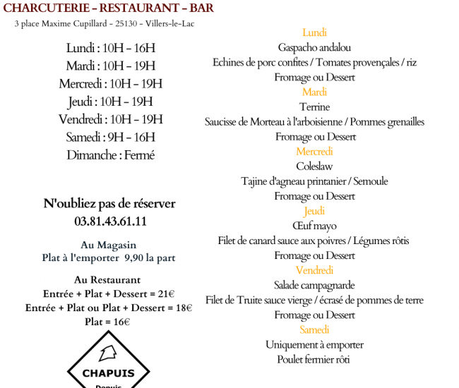 MENU DU 1 AU 6 JUIN