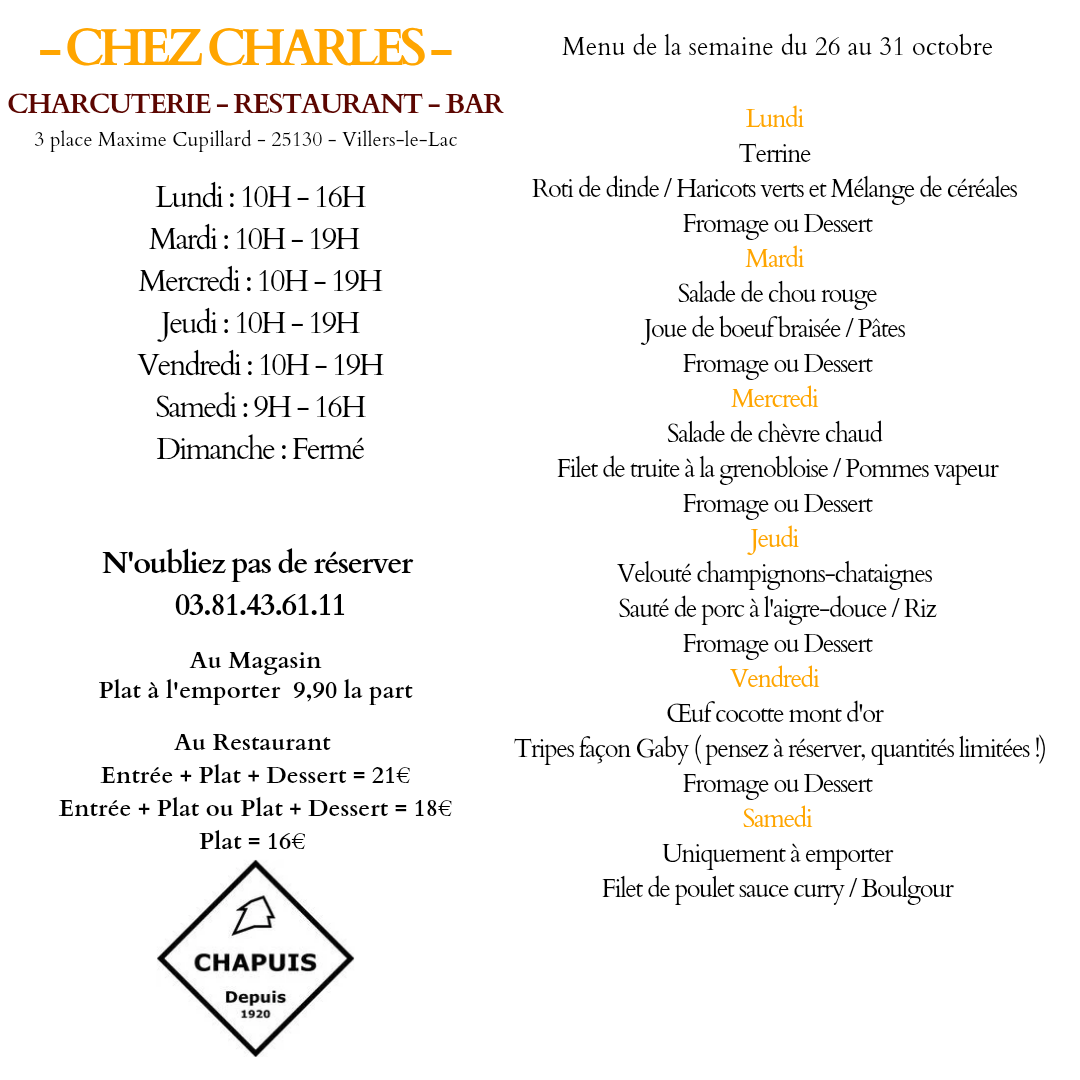 Menu de la semaine du 26 au 31 Oct.