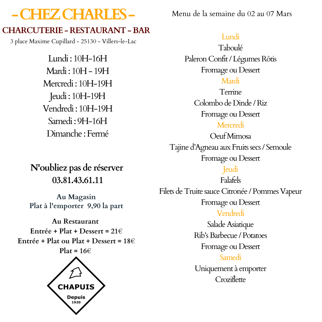 Menu du 2 Mars au 7 Mars