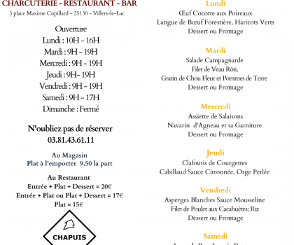 Menu de la Semaine 22 Mai au 27 Mai