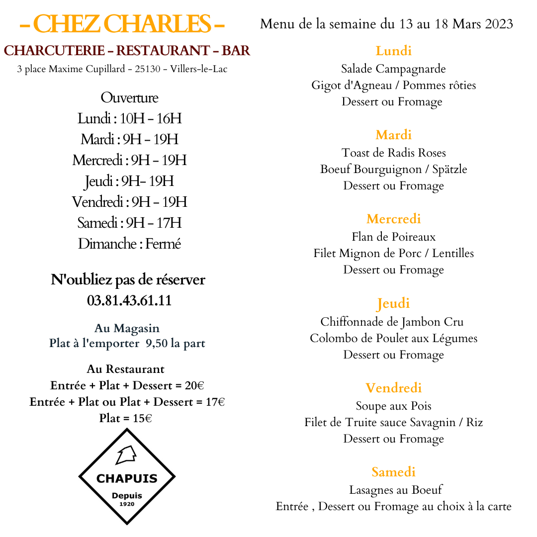 Menu du 13 au 18 Mars