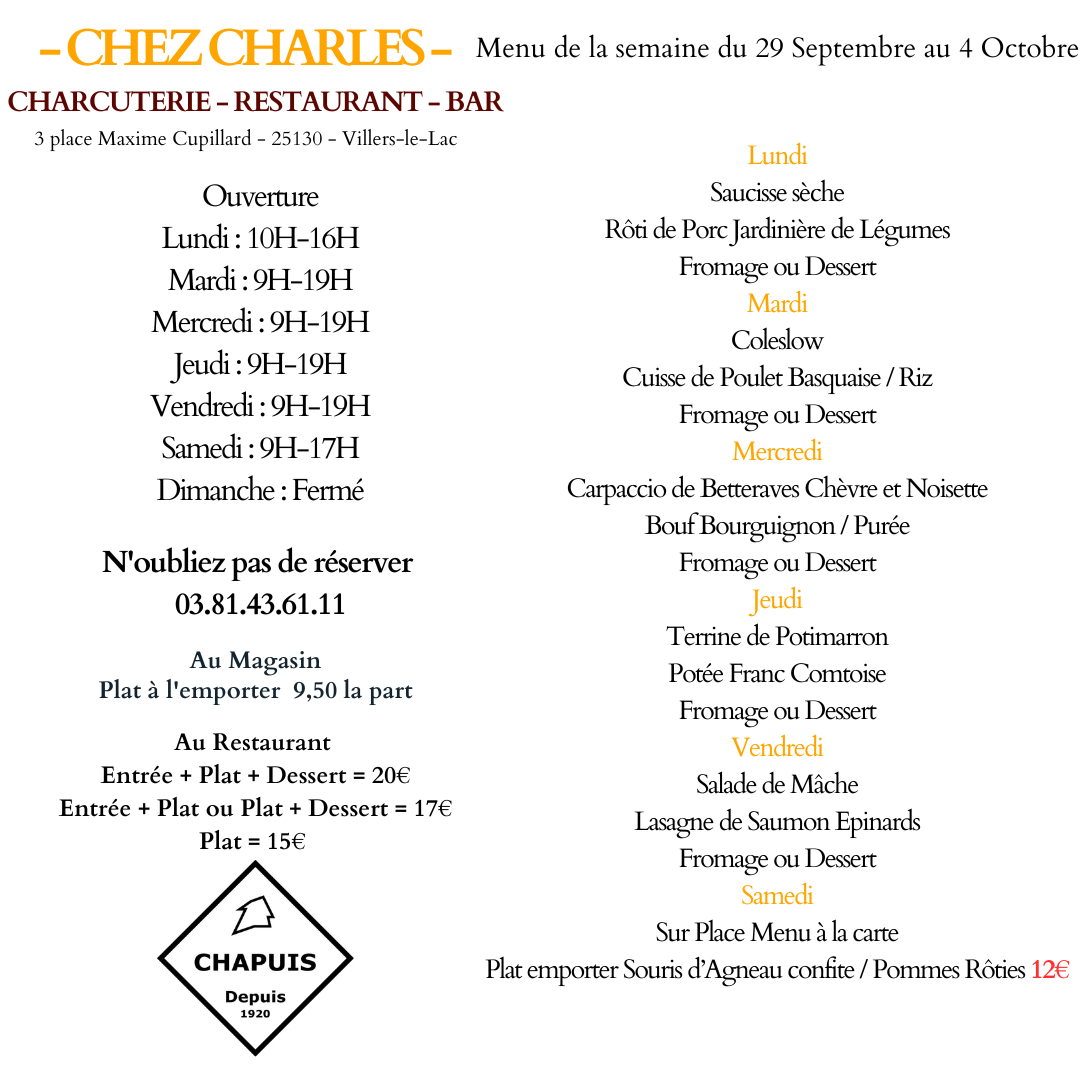 Menu du 29 Septembre au 4 Octobre
