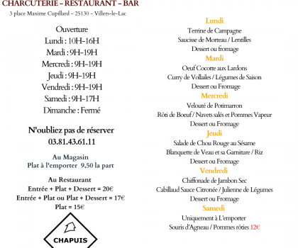Menu de la semaine du 20 au 25 Janvier 2025
