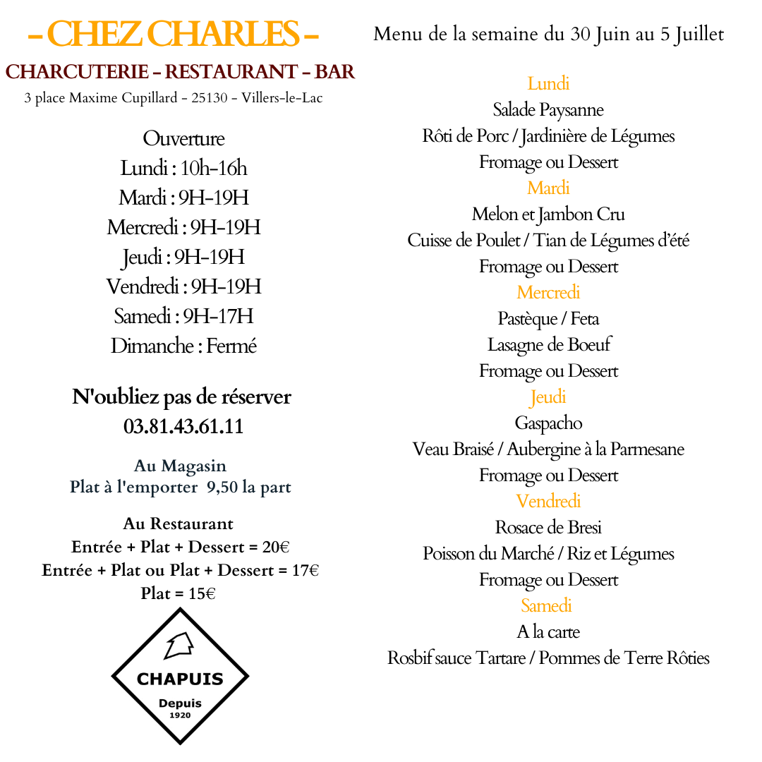 Menu Du 30 Juin au 5 Juillet