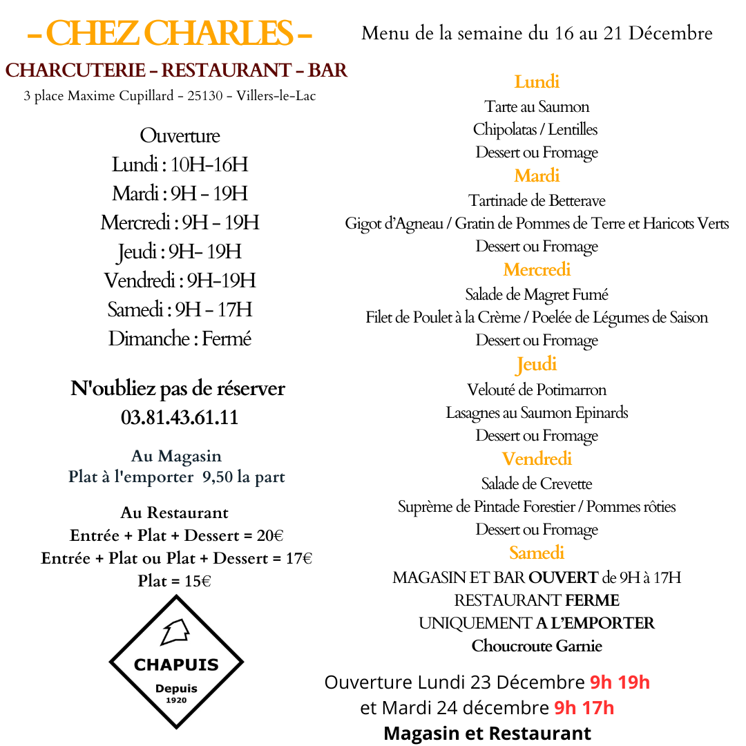 Menu du 16 au 21 Décembre