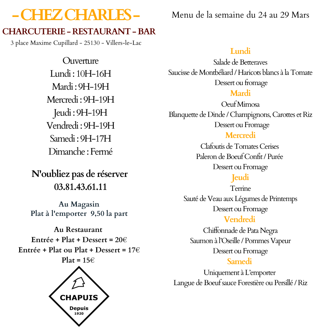 Menu du 24 au 29 Mars