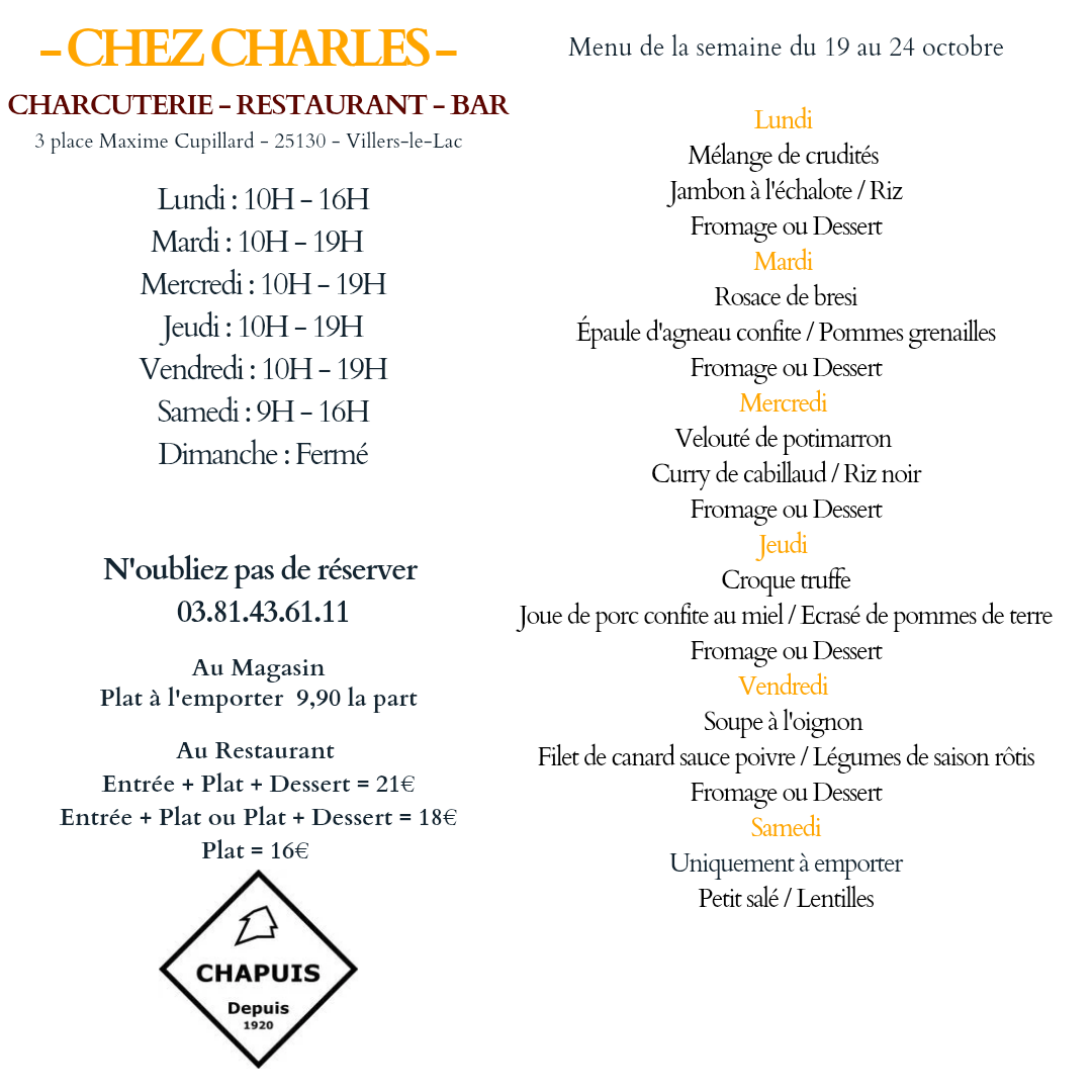 menu de la semaine 19 au 24 octobre