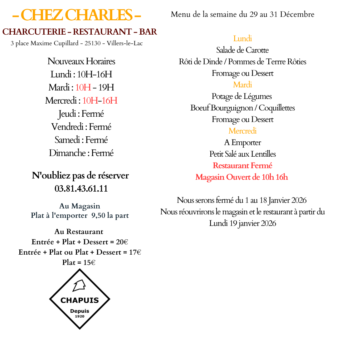 Menu du 29 au 31 Décembre