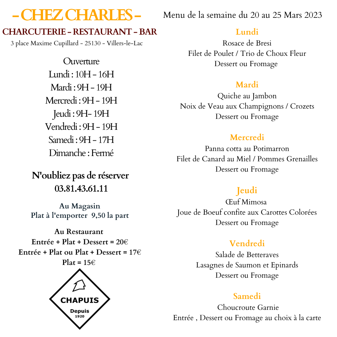 Menu du 20 au 25 Mars